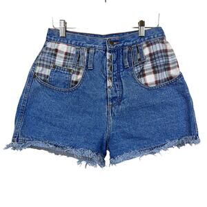 Vintage Zena Blue Distressed Plaid Patch Pocket Denim Shorts 7